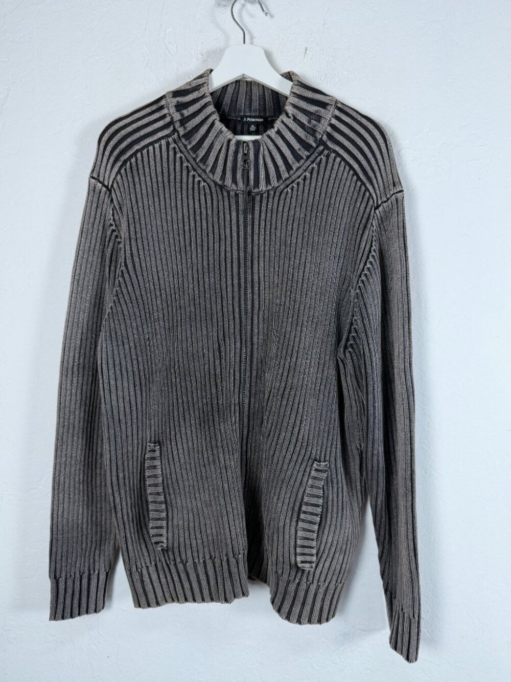 J. Peterman Ribbed Full-Zip Cardigan Sweater XL Gray Cotton Mens Casual Knitwear